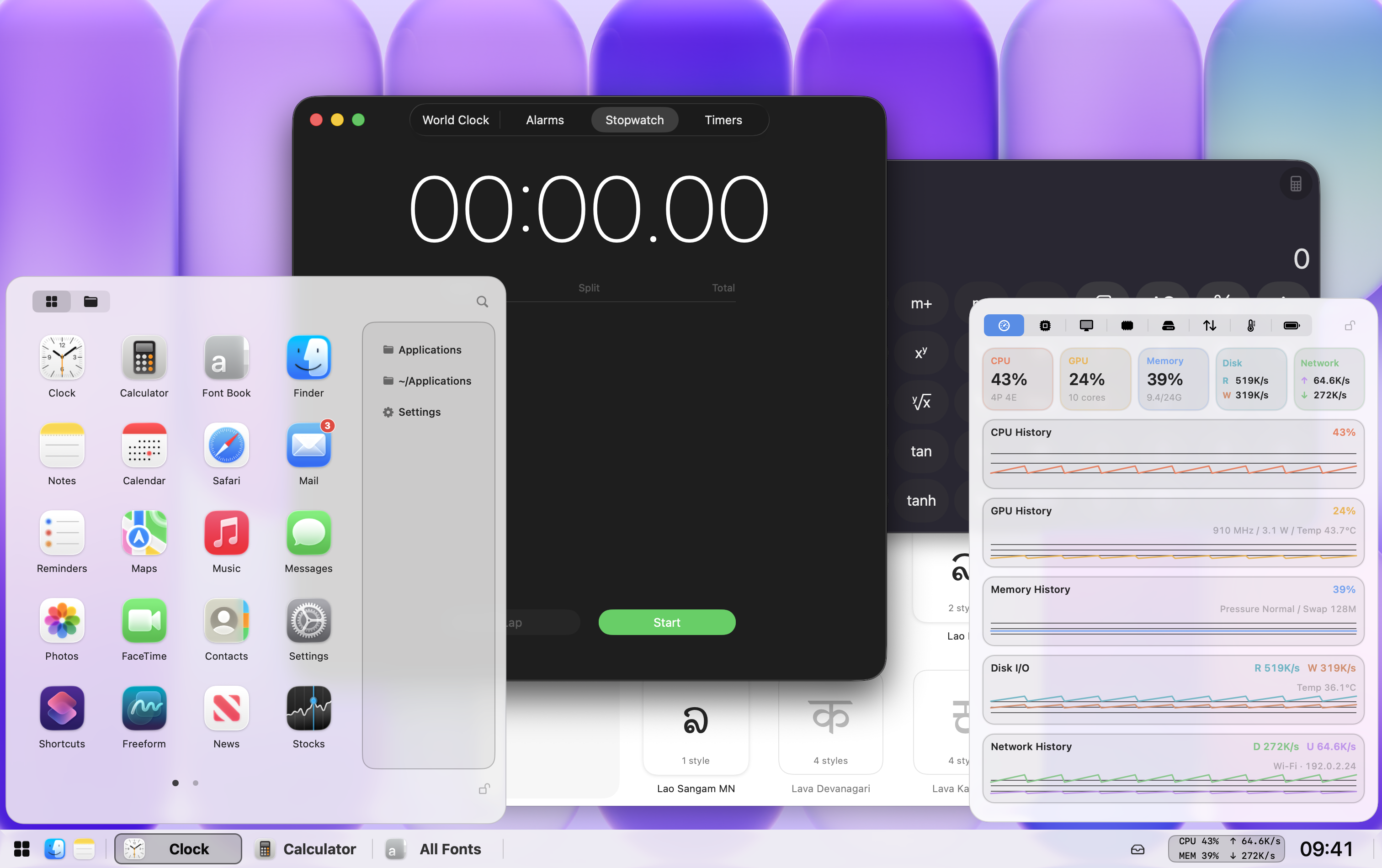 HandyBar desktop screenshot with launcher, performance panel, and the bottom bar.