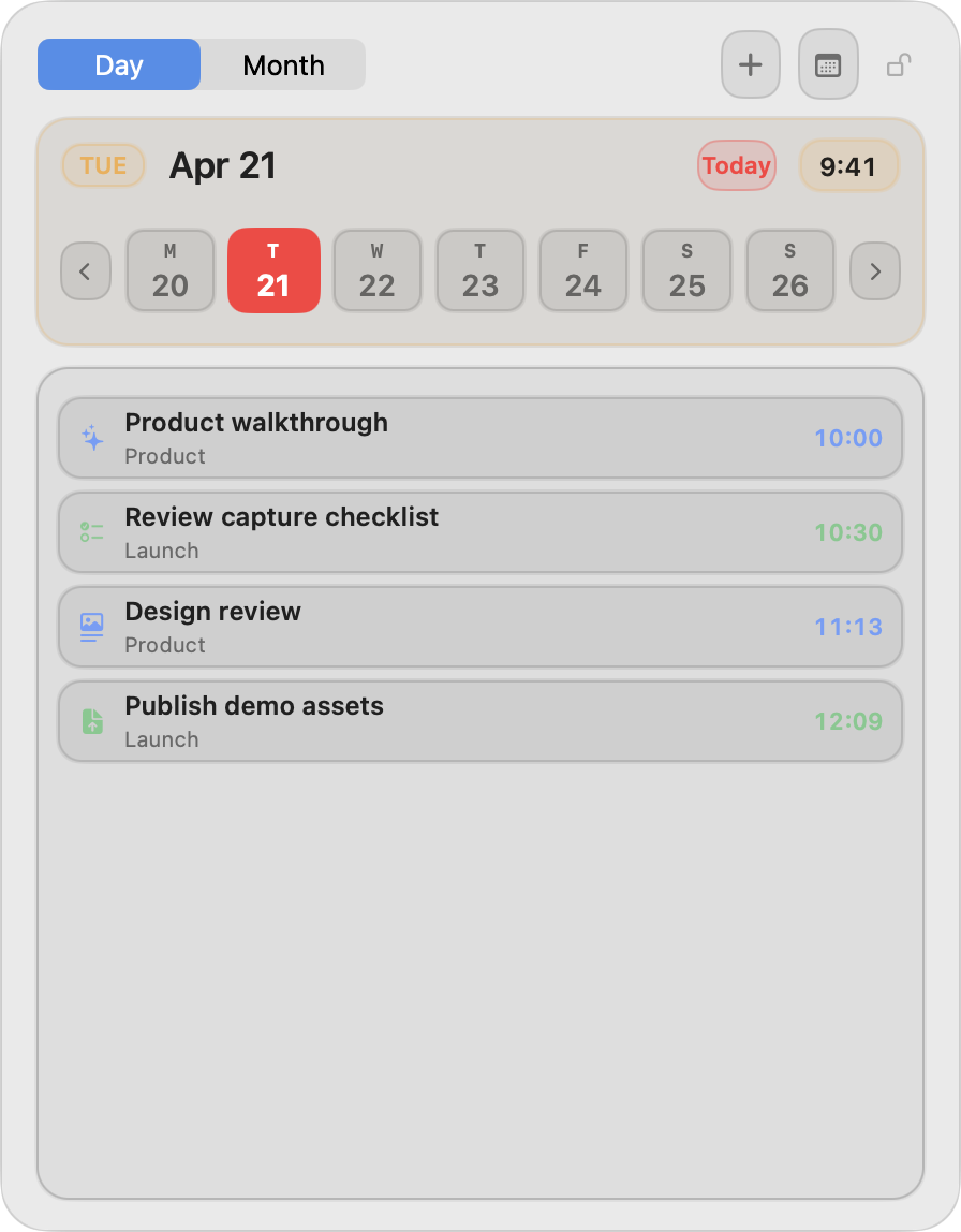 HandyBar Day view with calendar events and reminders.