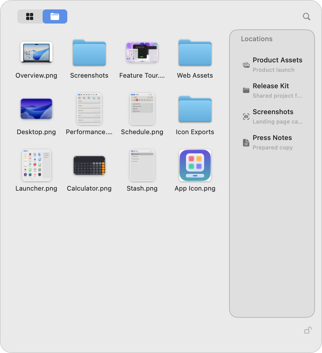 HandyBar Launcher showing sanitized example files, folders, and locations in its Files tab.