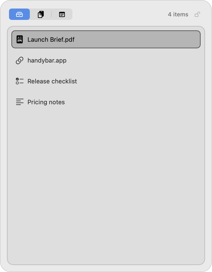 HandyBar Stash holding a PDF, link, checklist, and notes.